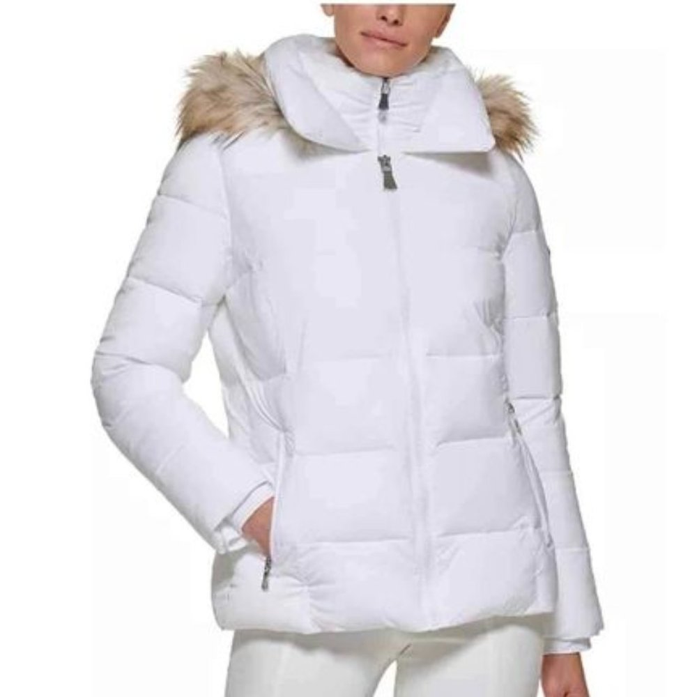 Calvin Klein Womens Faux-Fur-Trim Hooded Puffer Coat - White as New